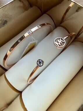 Michael Kors Rose Gold Bangle Cuff Bracelet Set 2 Piece Crystal MK Logo NWT Box